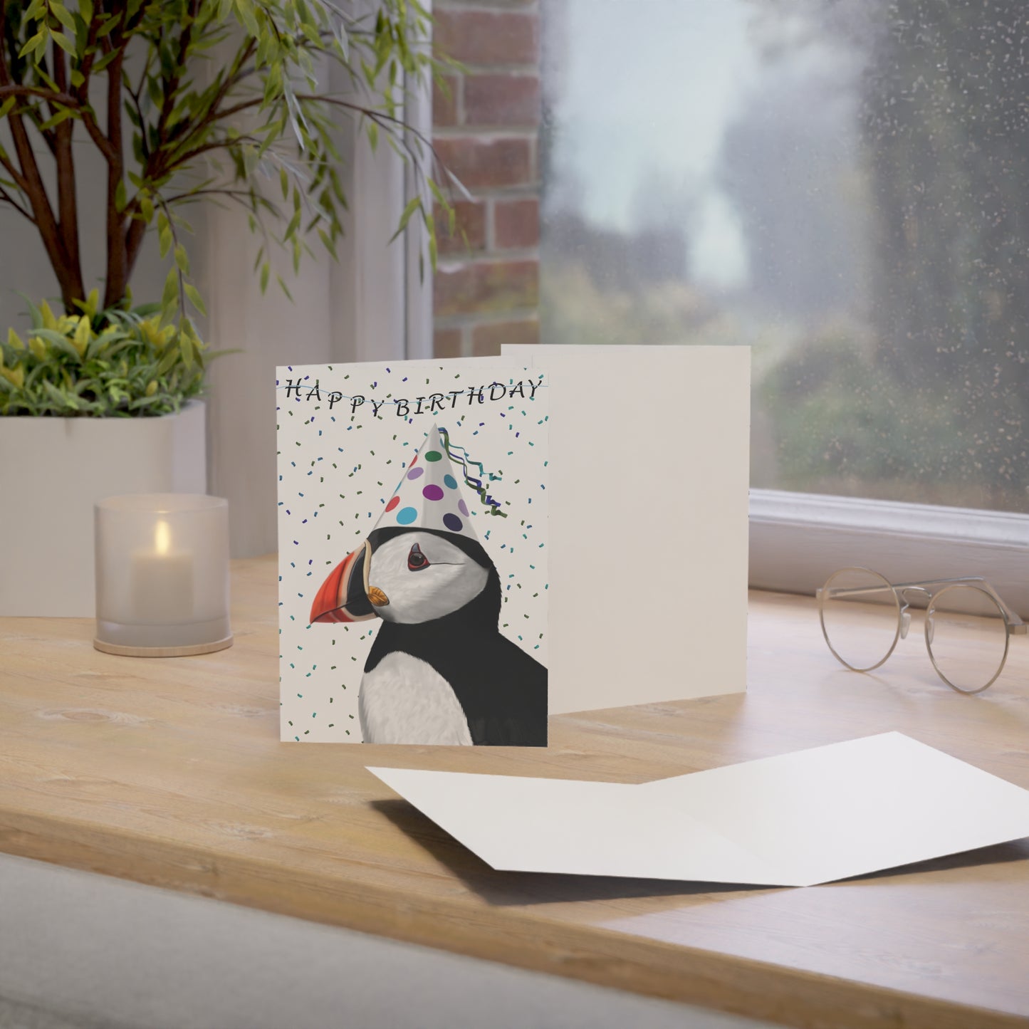 Puffin with Party Hat Birthday Card – Premium Matte Bird Greeting Card