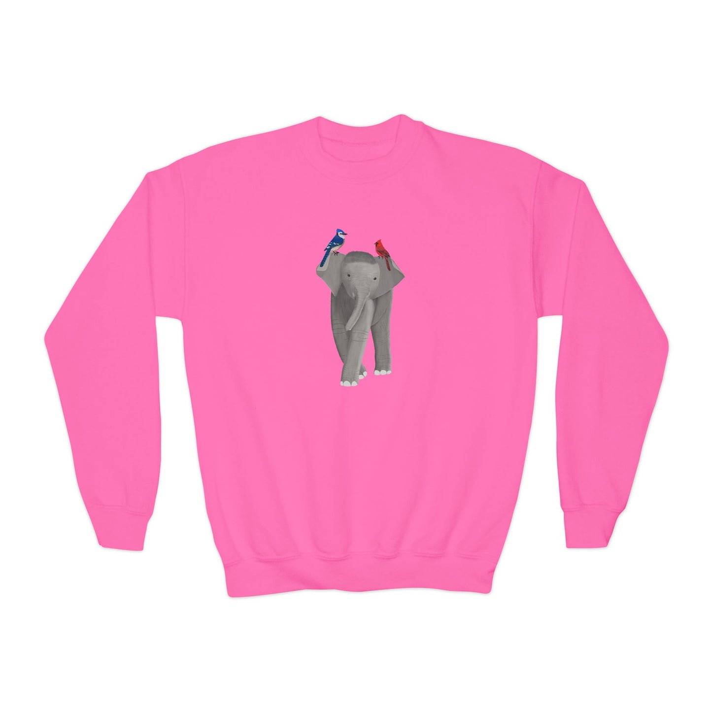 Elephant with Blue Jay and Cardinal Bird Youth Crewneck Sweatshirt