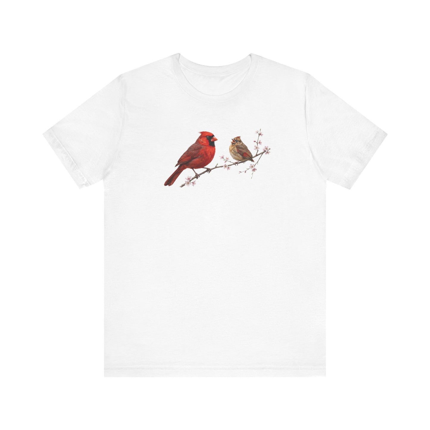 Northern Cardinal & Fledgling T-Shirt | Spring Blossoms Unisex Graphic Tee