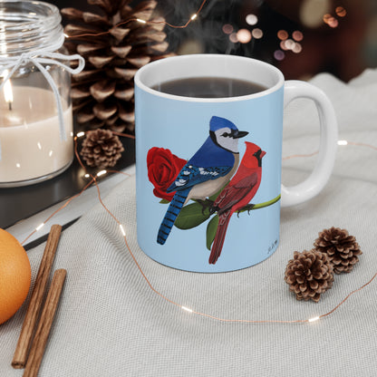 Blue Jay and Cardinal on a Rose Valentine's Day Bird Ceramic Mug 11oz - jz.birds