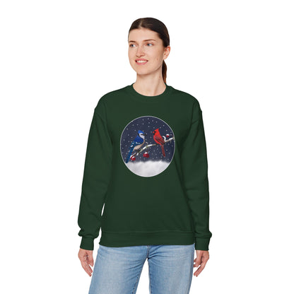 Blue Jay and Cardinal on a Winter Branch Christmas Bird Sweatshirt