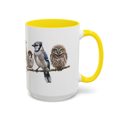 Blue Jay Cardinal Bluebird Little Owl Fledglings Two-Tone Mug | Spring Bird Lover Gift