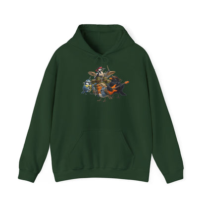 Vogel-Rockband Hoodie – Lustiger Kapuzenpullover mit Amsel, Rotkehlchen & Meise