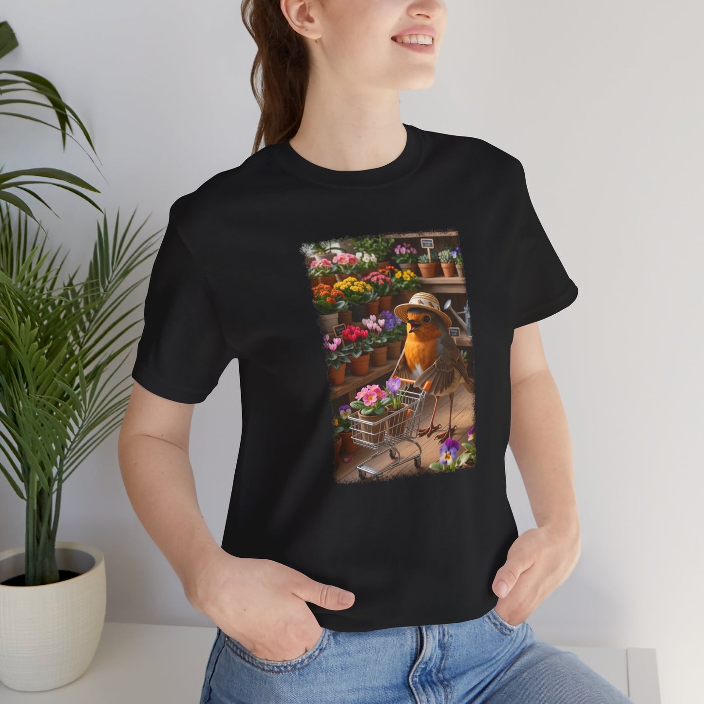 Lustiges Rotkehlchen T-Shirt mit vollem Blumen-Einkaufswagen | Niedliches Pflanzen-Motiv