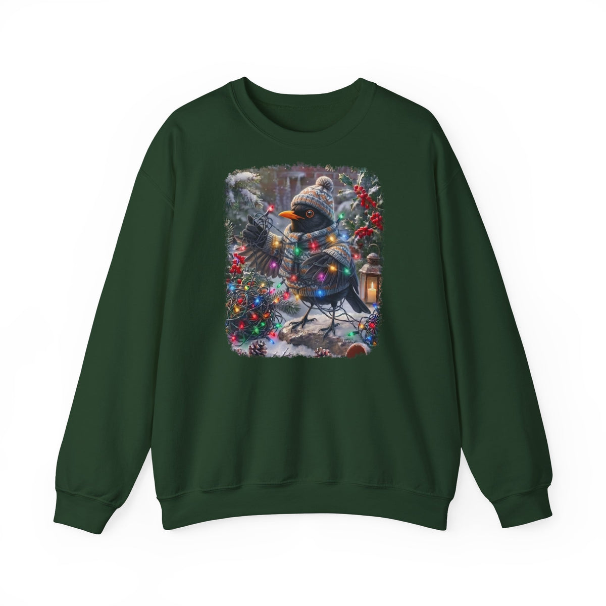 Premium Sweatshirt Amsel und die Lichterkette im winterlichen Garten für Vogelfreunde