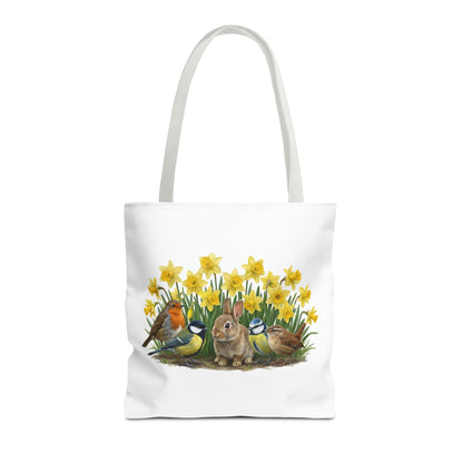 Robuste Einkaufstasche "Frühling": Kaninchen, Rotkehlchen & Meisen Motiv | 40x40cm Shopper