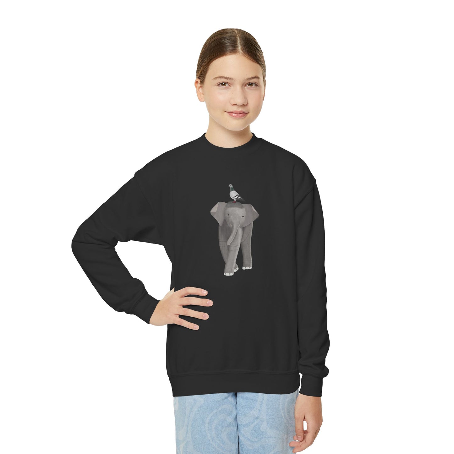 Elephant with Pigeon Bird Youth Crewneck Sweatshirt