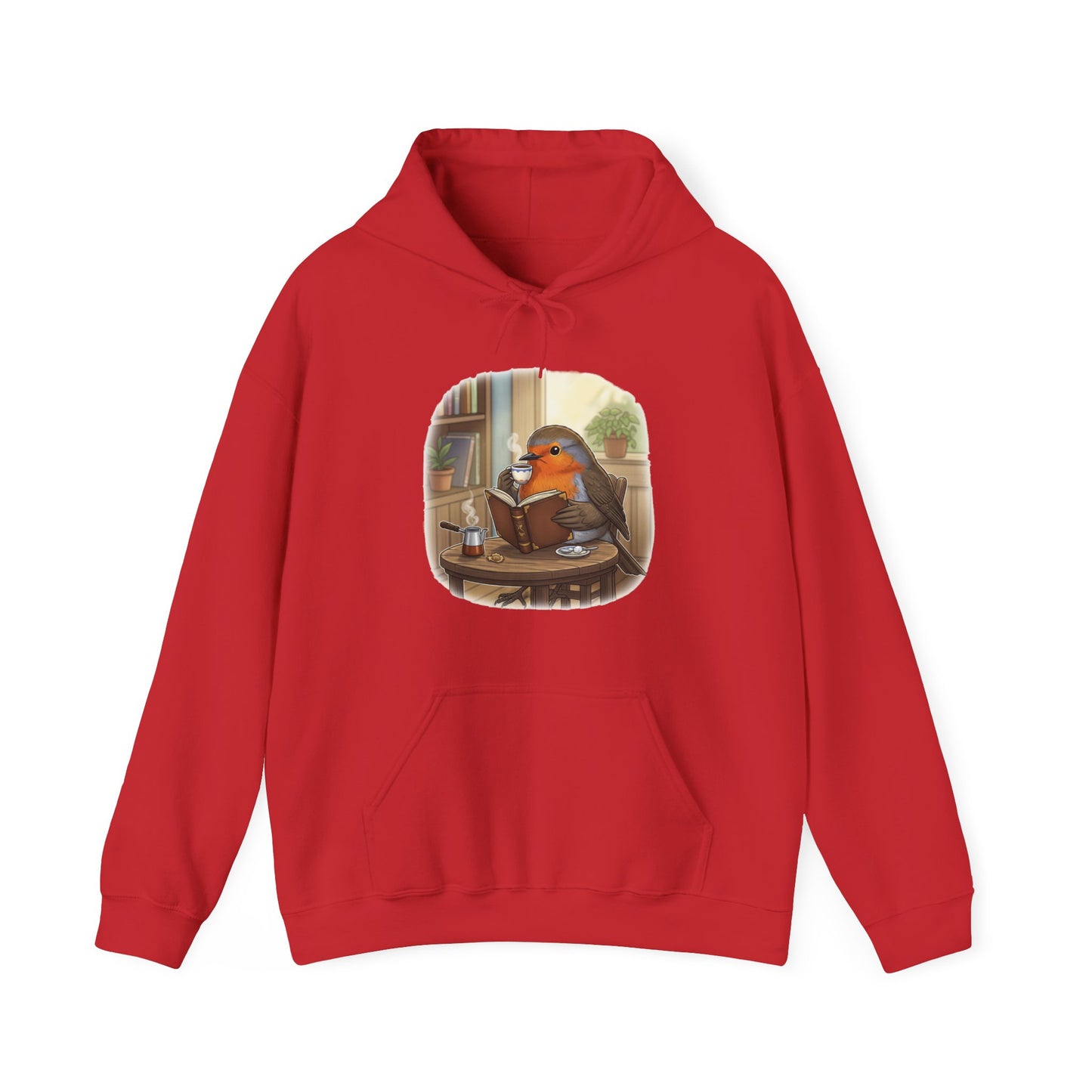 Rotkehlchen liest Bücher und trinkt Kaffee Vogel Hoodie - Kapuzenpullover für Vogelbeobachter mit Vogelmotiv