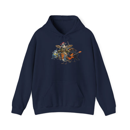 Vogel-Rockband Hoodie – Lustiger Kapuzenpullover mit Amsel, Rotkehlchen & Meise