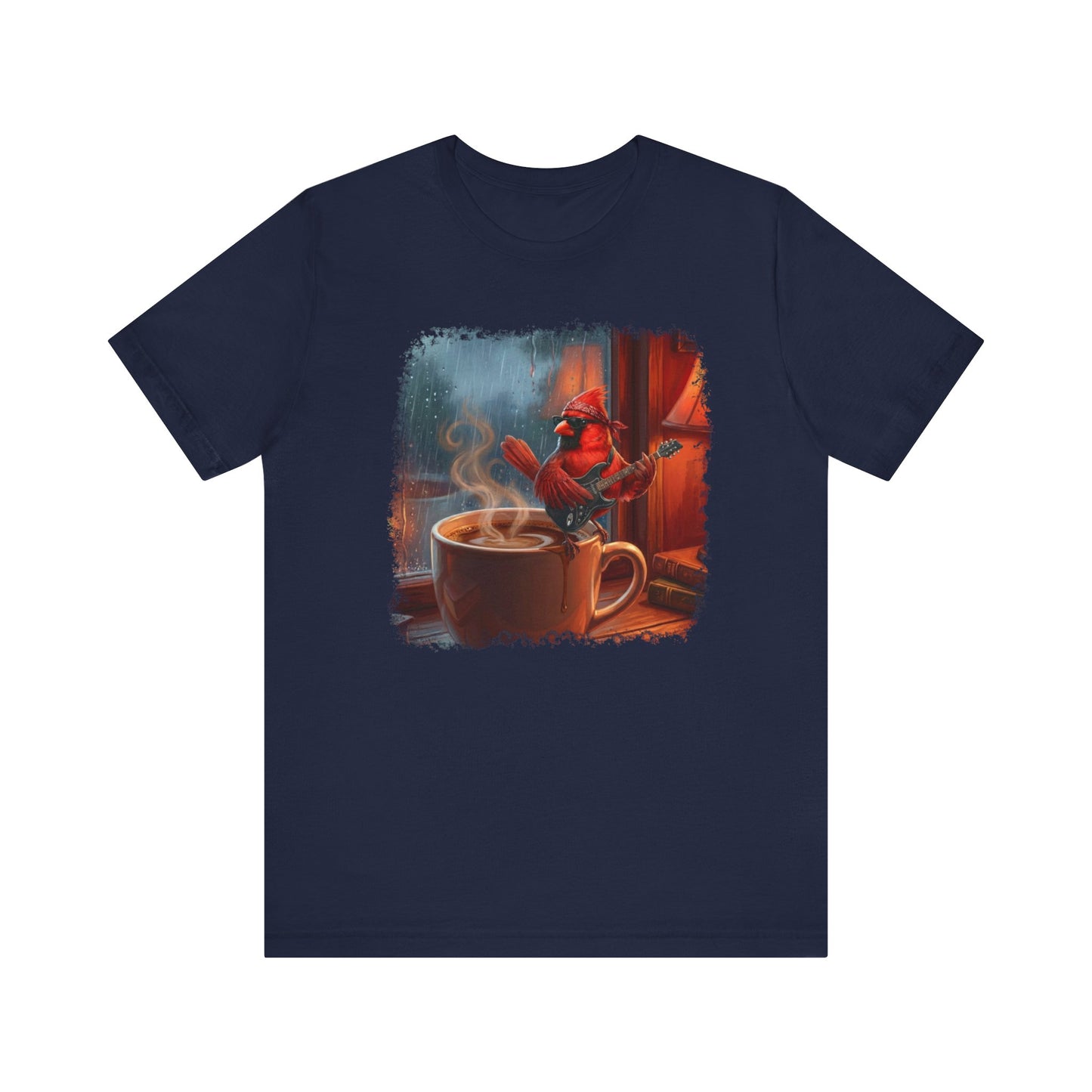 Vintage Lo-Fi Coffee & Rain Graphic Tee – Cardinal with Guitar Musician Shirt