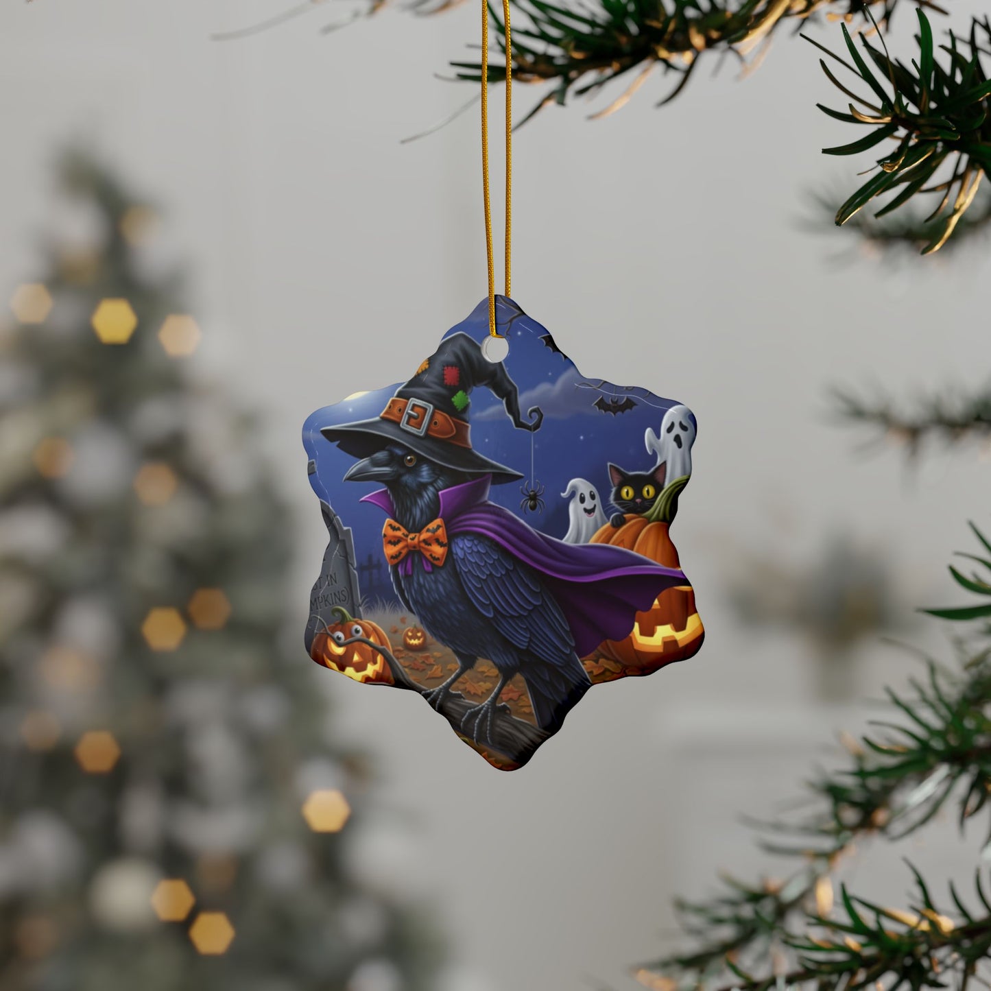 Raven Crow Bird Halloween Tree Ornament, 100% Ceramic Cute Hanging Decoration