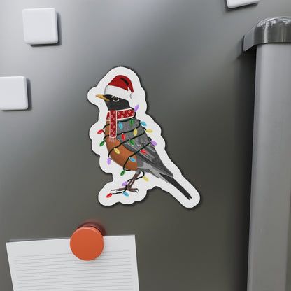 Robin with Fairy Lights and Scarf Christmas Bird Magnet