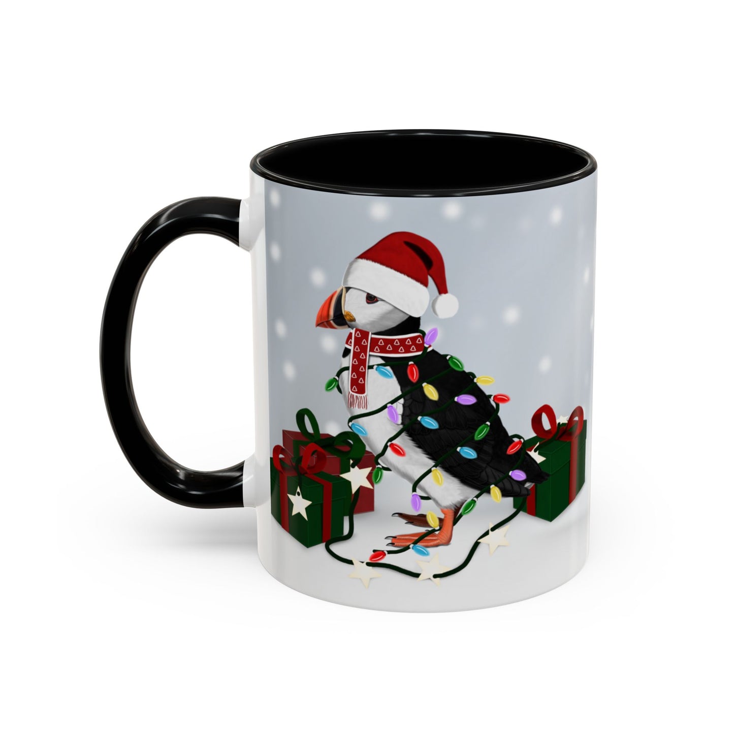 Puffin with Christmas Hat and Scarf Snow Bird Coffee Mug