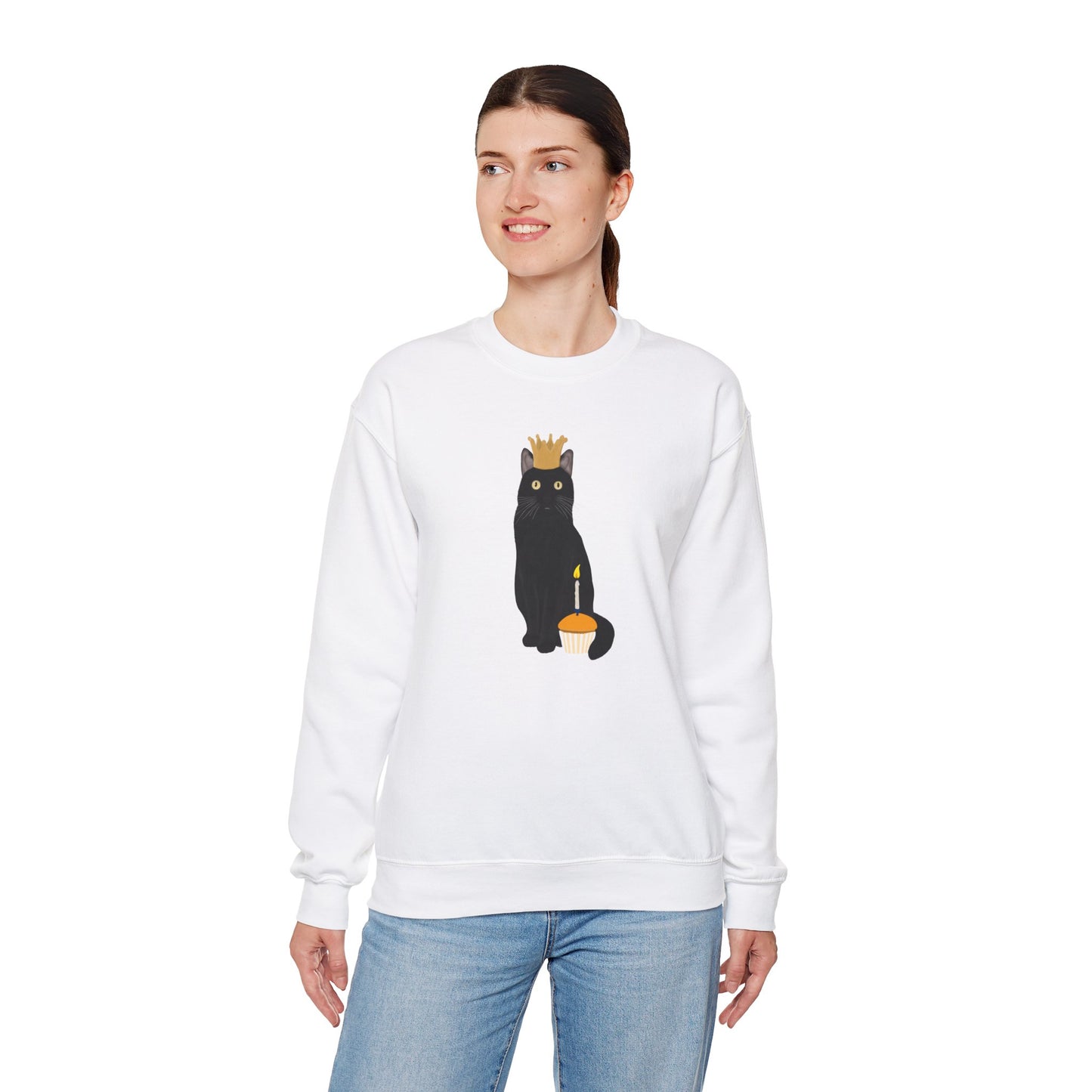 Black Birthday Cat with Muffin and Golden Crown Cat Lover Sweatshirt