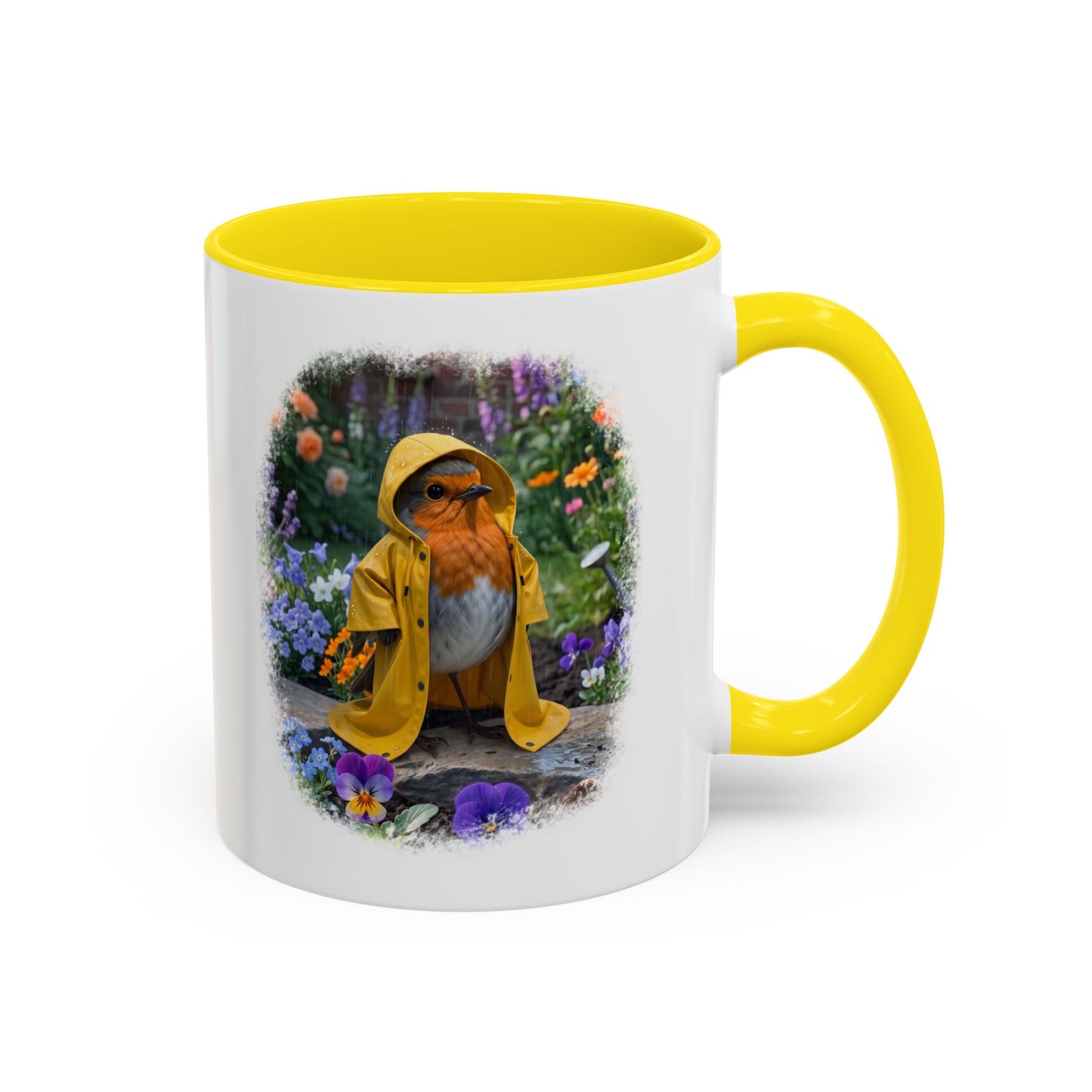 Robin Rosi Yellow Raincoat Garden Premium Mug for Bird Lovers