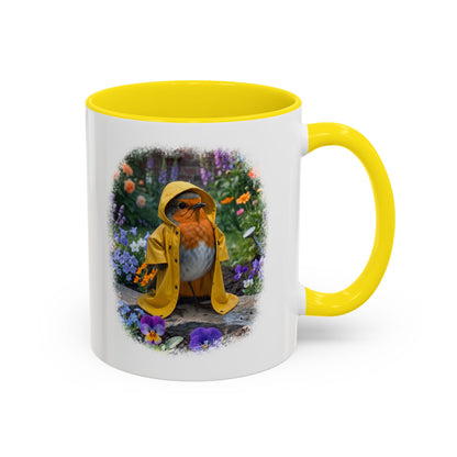 Robin Rosi Yellow Raincoat Garden Premium Mug for Bird Lovers