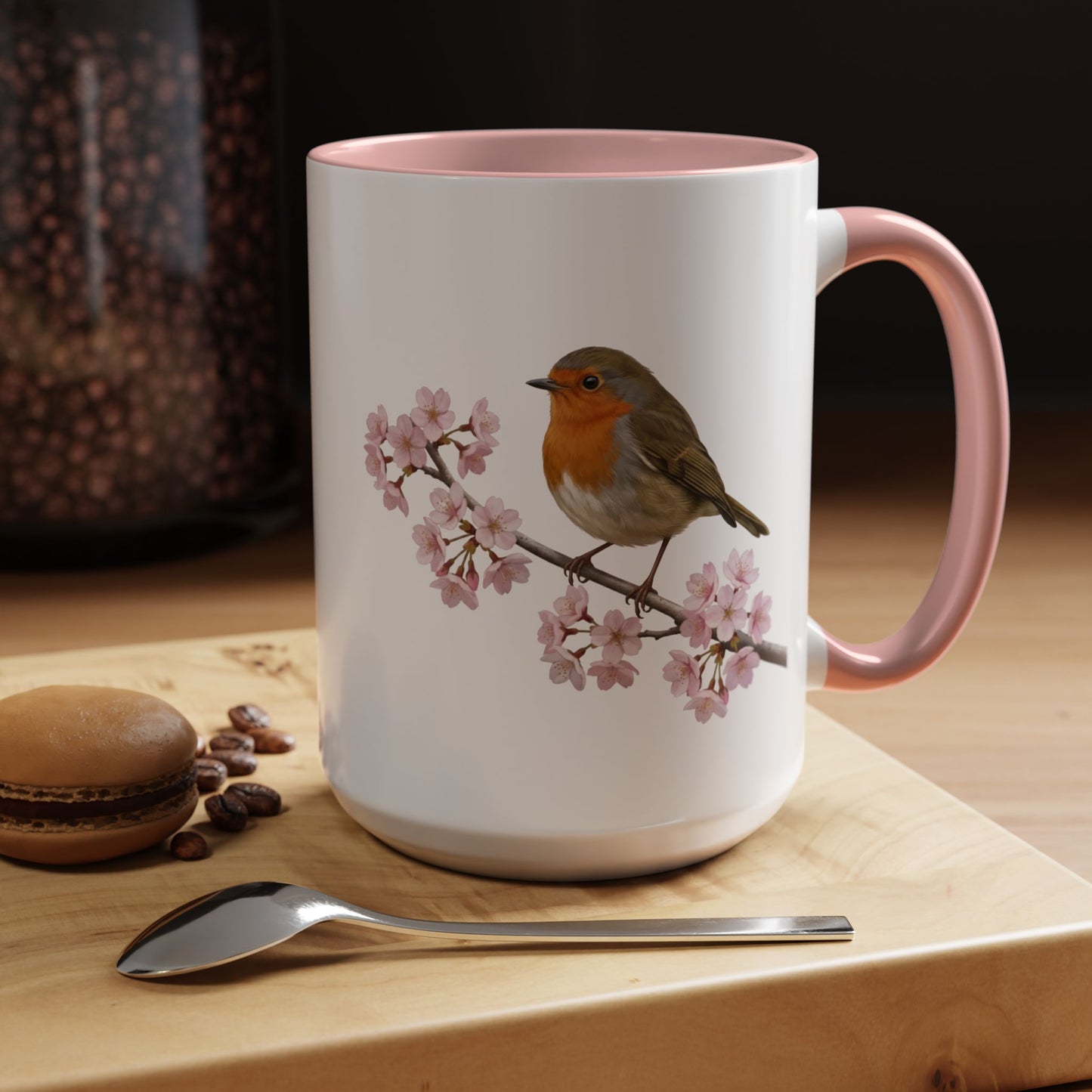 European Robin Cherry Blossom Mug | Pink Ceramic Coffee Cup for Bird Lovers