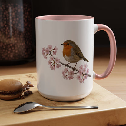 European Robin Cherry Blossom Mug | Pink Ceramic Coffee Cup for Bird Lovers