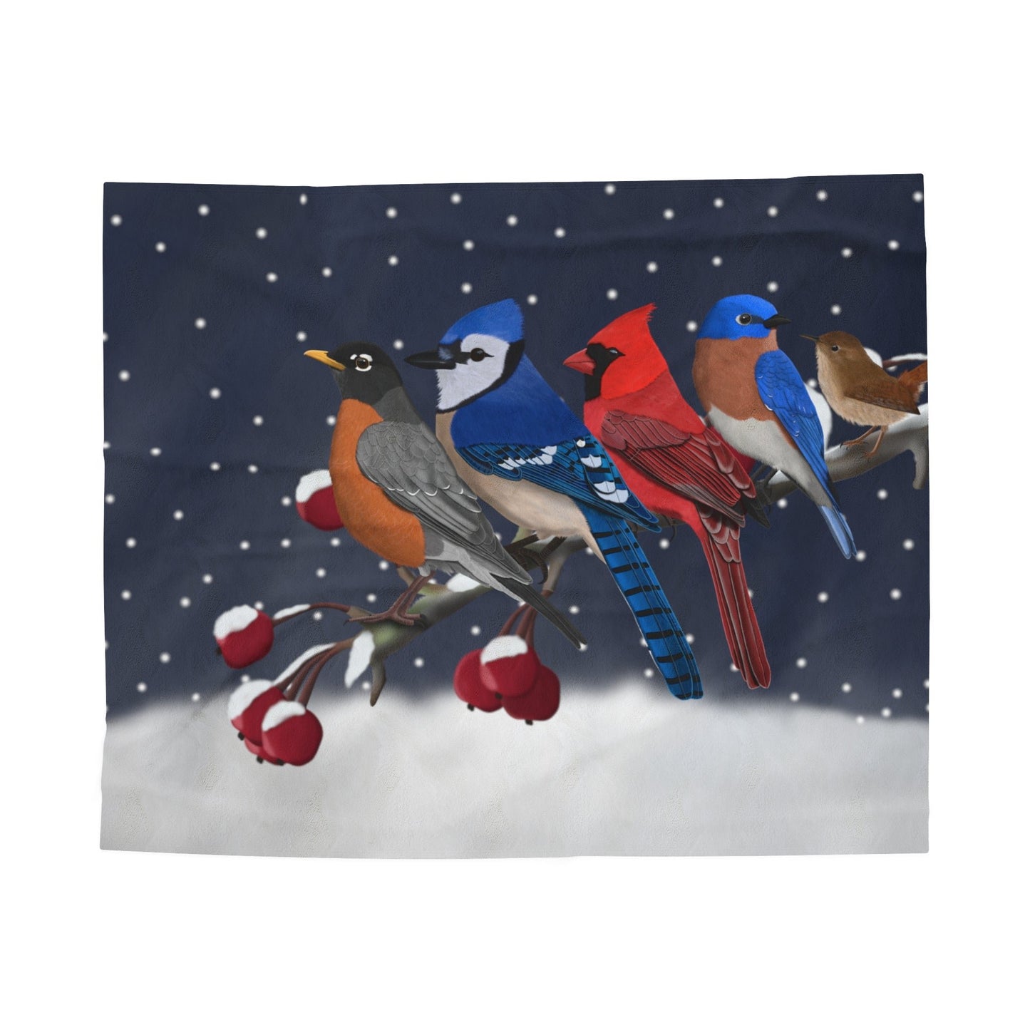 Robin Blue Jay Cardinal Bluebird Wren Bird Christmas Winter Branch Velveteen Plush Blanket