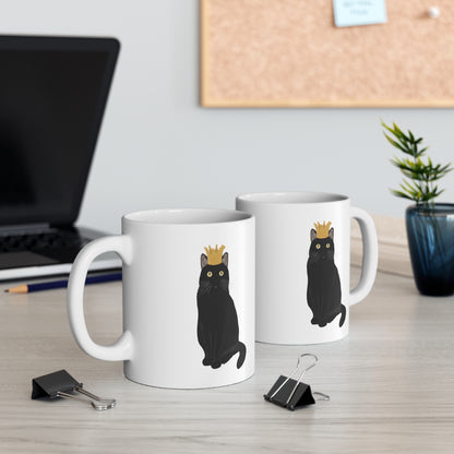 Black Cat with Crown Cat Lover Ceramic Mug White