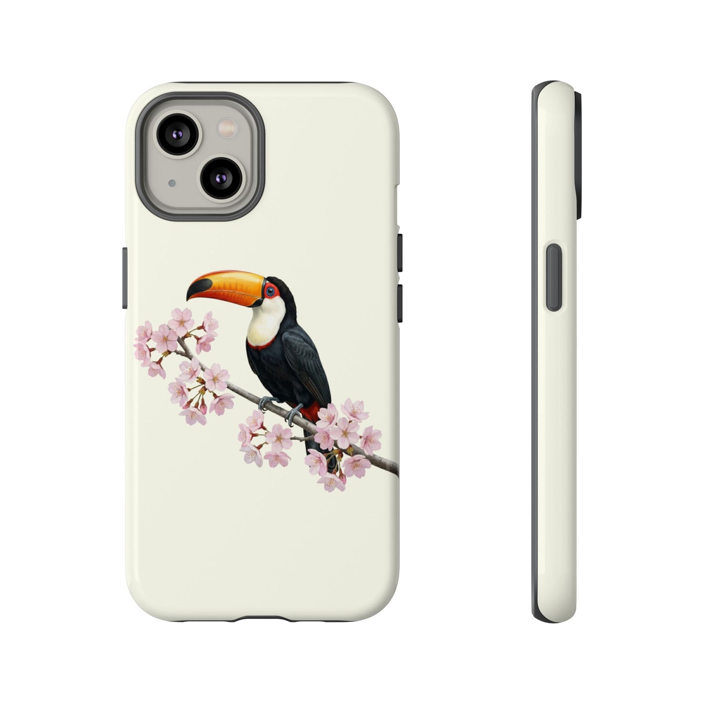 Tukan Handyhülle in Cremeweiß | Florales Kirschblüten Vogel-Motiv für iPhone & Google Pixel