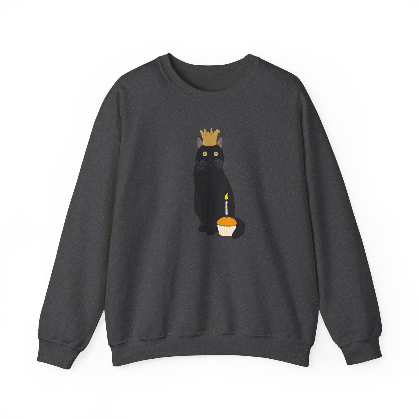 Black Birthday Cat with Muffin and Golden Crown Cat Lover Sweatshirt