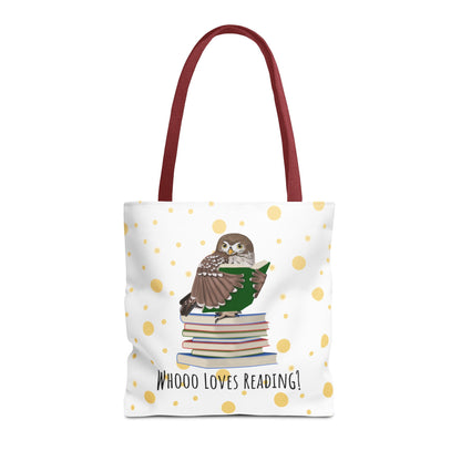 Whooo Loves Reading Owl Teacher Tote Bag – Gold Polka Dot Librarian Aesthetic