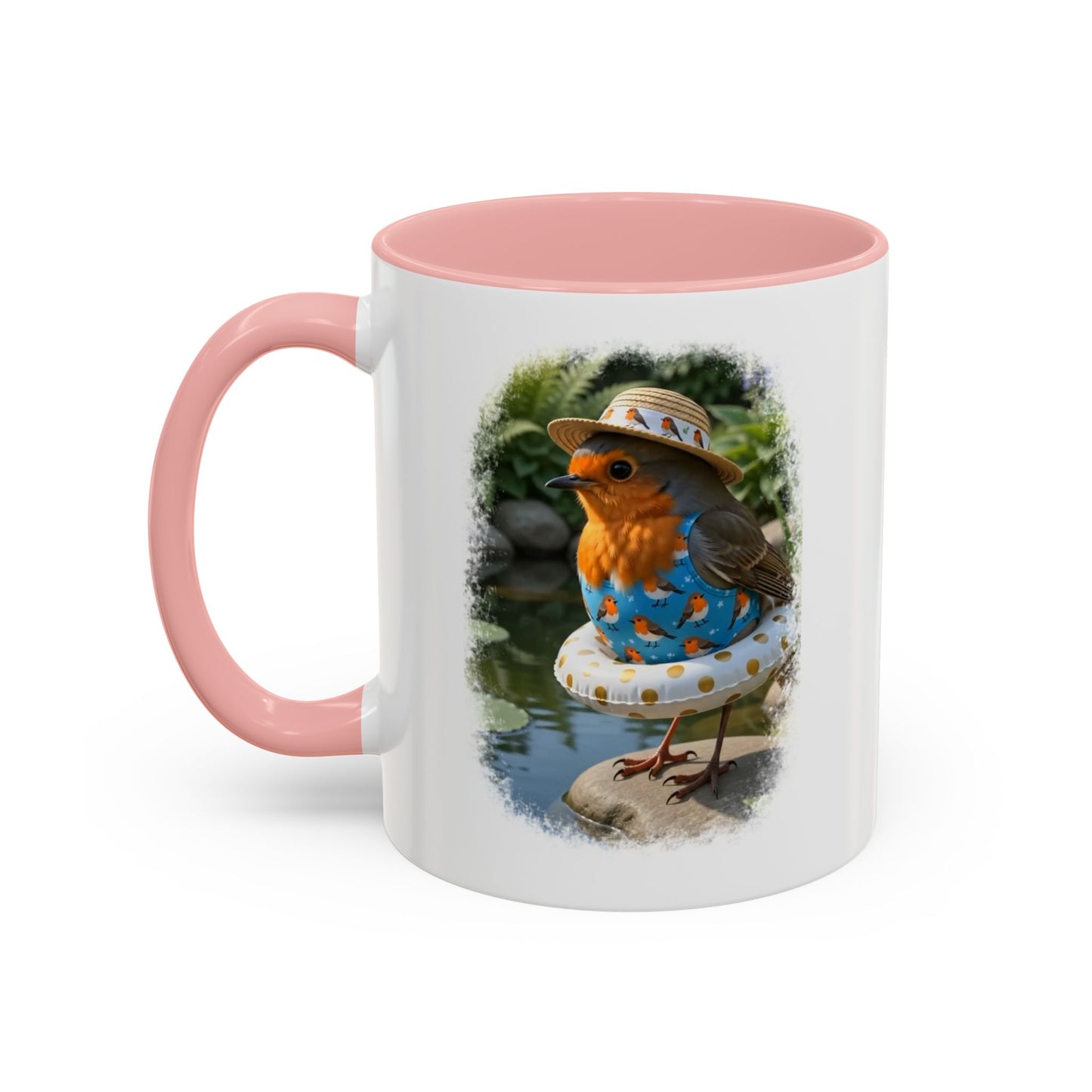 Rosi Rotkehlchen am Gartenteich Keramiktasse – Kaffeebecher mit farbigem Henkel