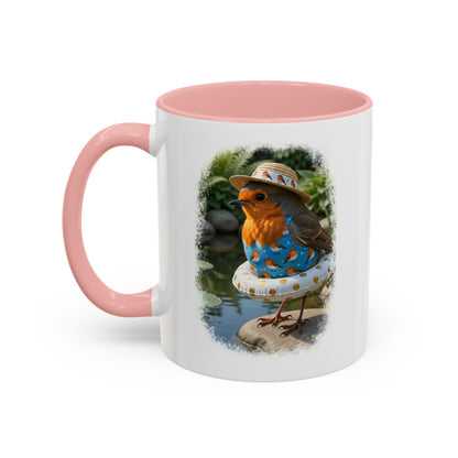 Rosi Rotkehlchen am Gartenteich Keramiktasse – Kaffeebecher mit farbigem Henkel