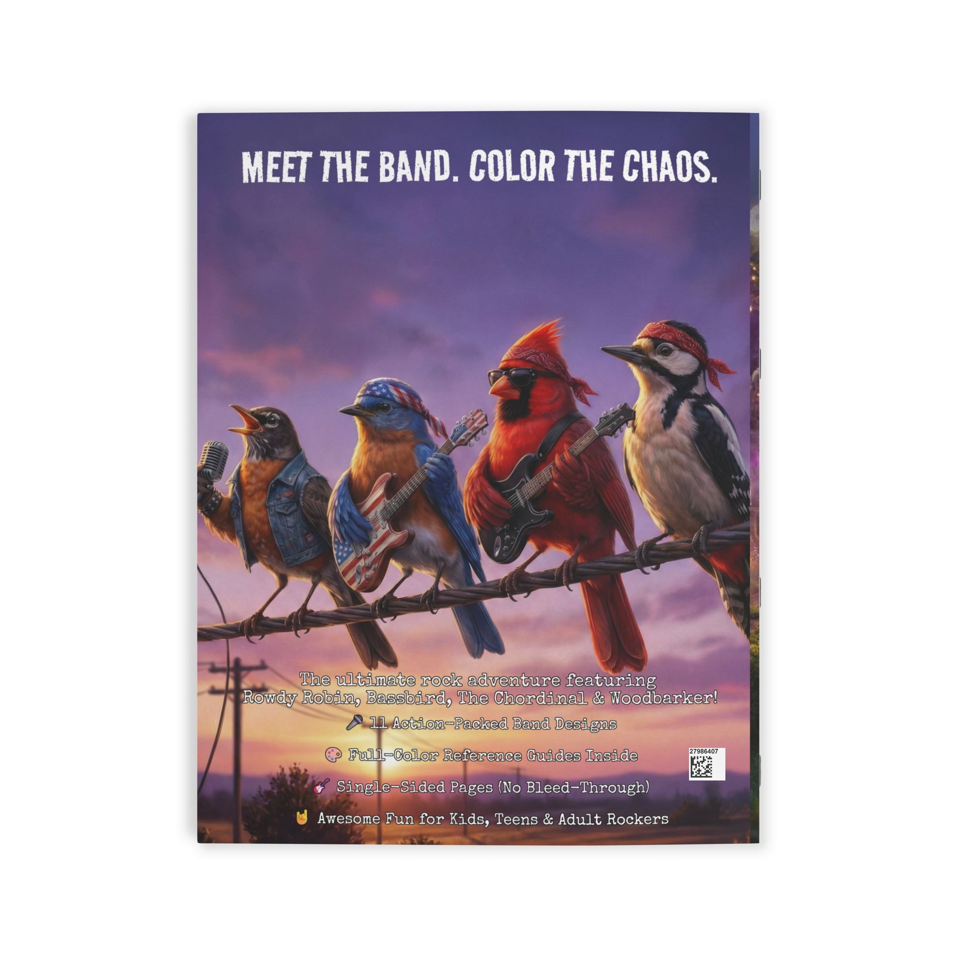 Back cover of the funny animal rock band coloring book showing sample pages and a parental advisory explicitly fun tag.