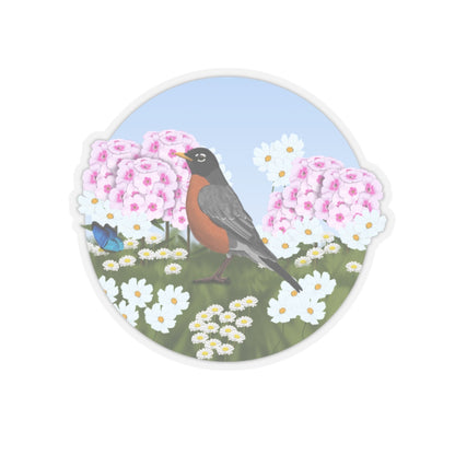 American Robin Summer Flowers Bird Kiss-Cut Sticker
