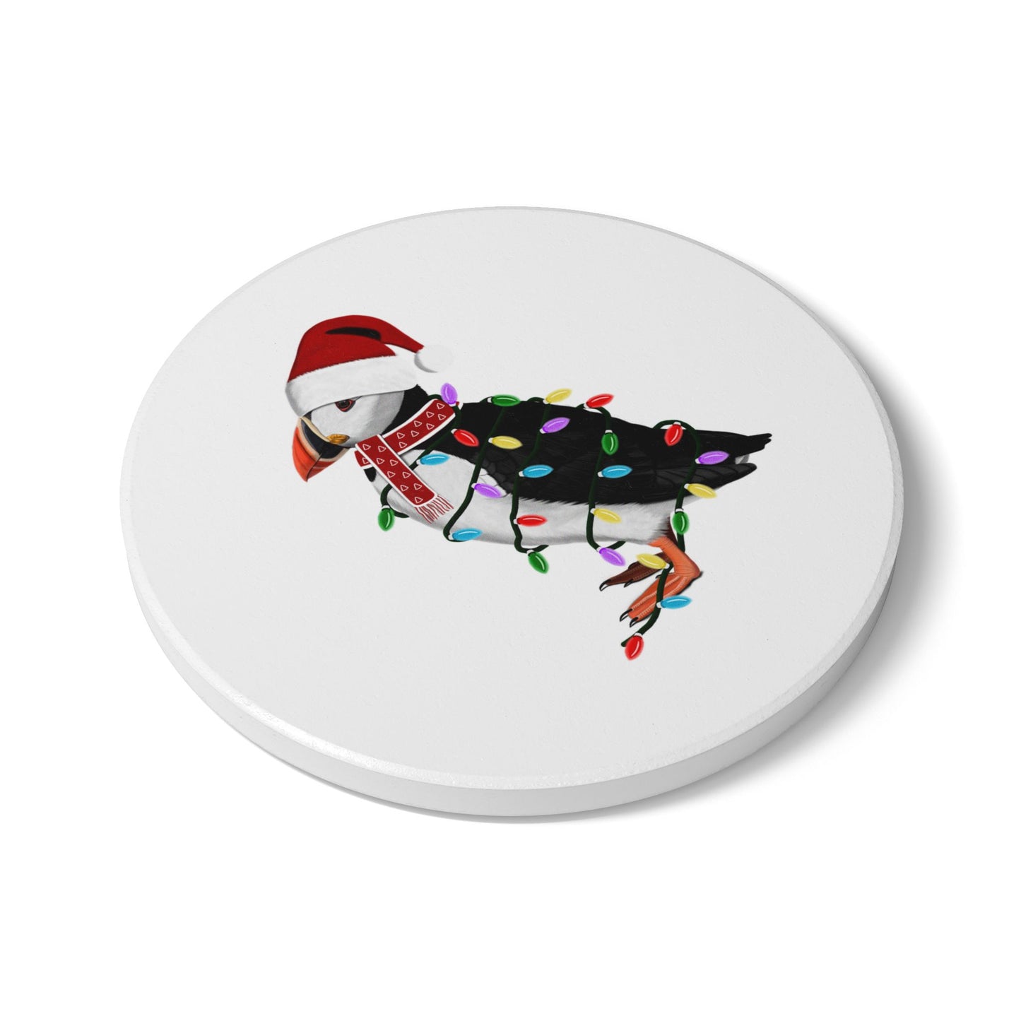 Keramik-Untersetzer Papageitaucher als Weihnachtsmann mit Lichterkette Weihnachtliches Vogel-Motiv