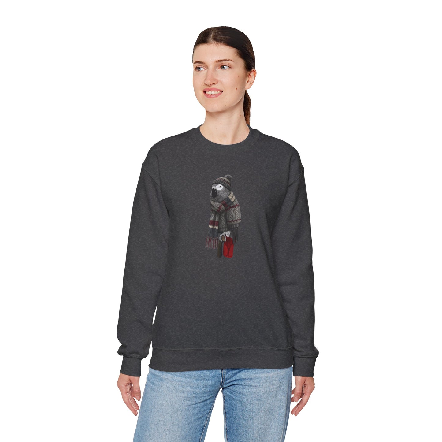 Grey Parrot Winter Sweatshirt | Bird Watcher Crewneck | Unisex Songbirds Wearing Knit Gift for Bird Lovers