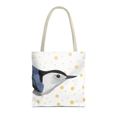 Nuthatch Golden Dots Bird Tote Bag 16"x16" White