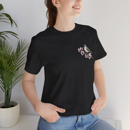 Tufted Titmouse Cherry Blossom T-Shirt | Floral Spring Tee for Bird Lovers