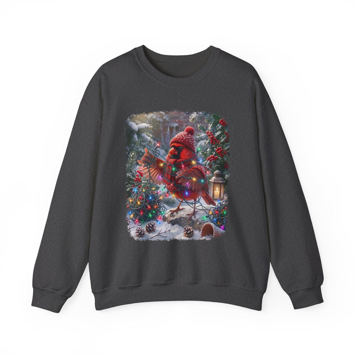 A dark gray crewneck sweatshirt featuring a large, colorful graphic print of a red cardinal dressed in a festive red knit hat and scarf, standing in a snowy Christmas tree scene with a lantern.