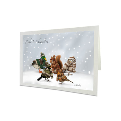 Eichhörnchen mit Amsel Rotkehlchen Eule Ente im Strickpullover Weihnachtskarte Frohe Weihnachten Vögel im Schnee mit Umschlag