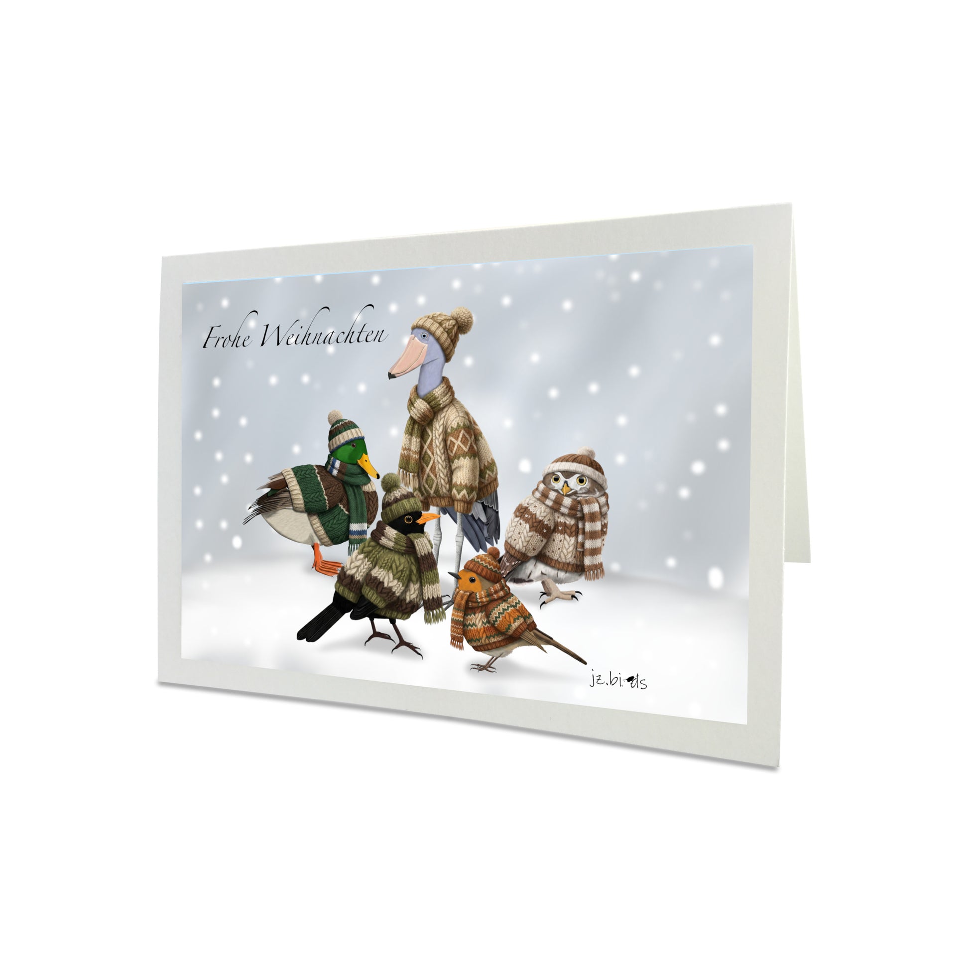 Amsel Rotkehlchen Eule Ente Schuhschnabel im Strickpullover Weihnachtskarte Frohe Weihnachten Vogel im Schnee mit Umschlag