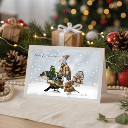 Amsel Rotkehlchen Eule Ente Schuhschnabel im Strickpullover Weihnachtskarte Frohe Weihnachten Vögel im Schnee mit Umschlag