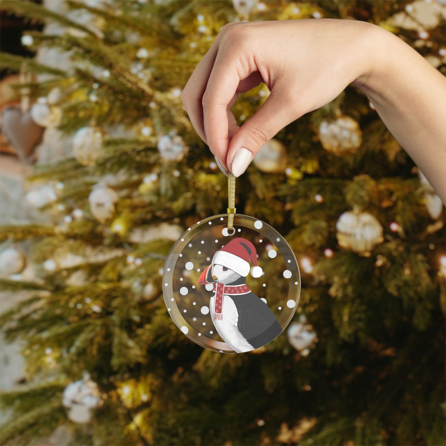 Puffin as Santa Claus Christmas Bird Glass Ornament Transparent