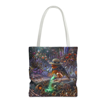 A white canvas tote bag featuring a detailed, colorful fantasy illustration of a robin bird in a hat standing in a flower-filled forest and pouring glowing green liquid, shown on a plain white background.
