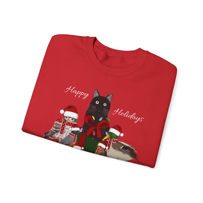 Robin Mallard Oriole Owl with Cat in a Box and Fairy Lights Happy Holidays Christmas Bird Sweatshirt