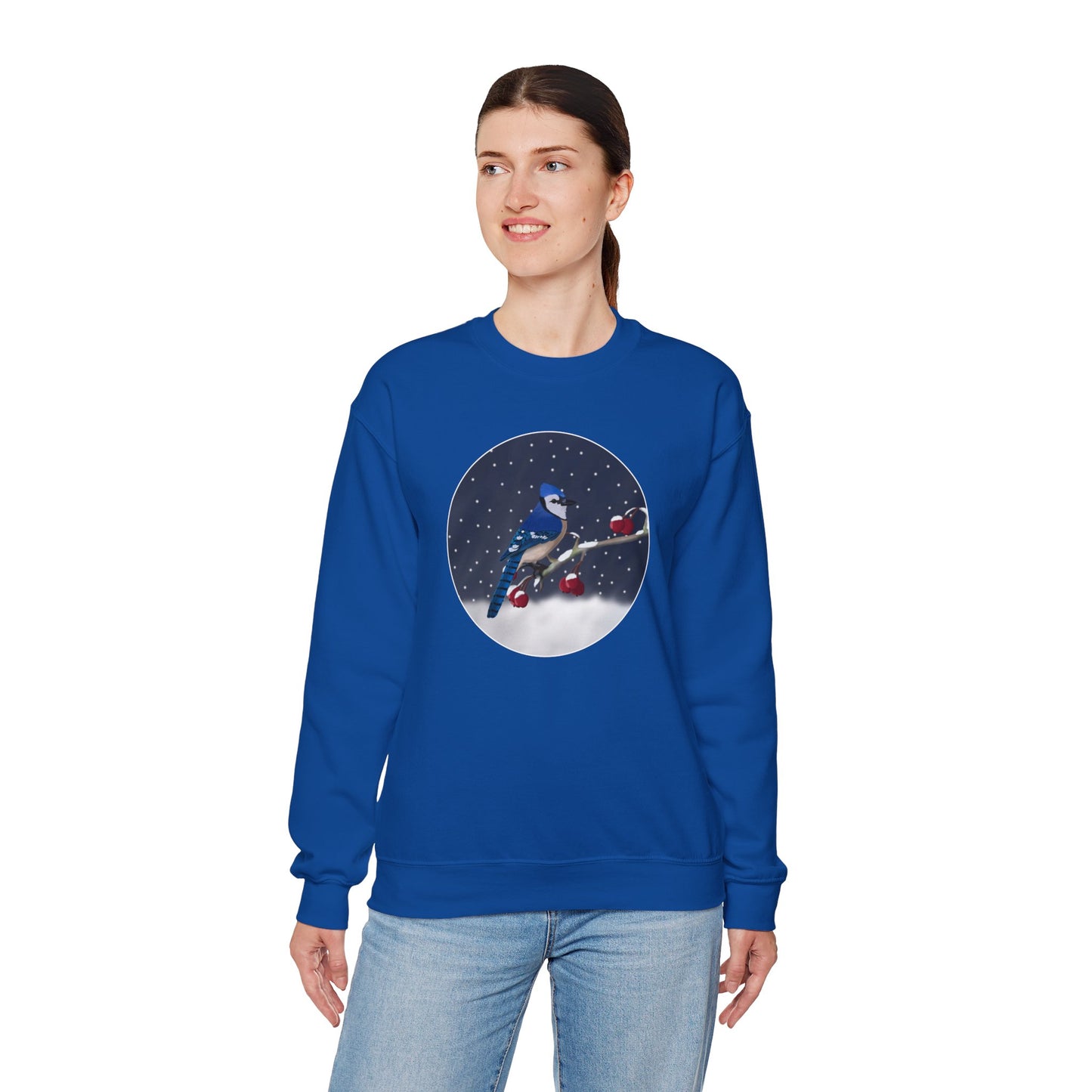 Blue Jay on a Winter Branch Christmas Bird Sweatshirt