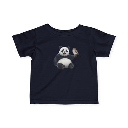 Fröhlicher Panda mit Eule Vogel Tiermotiv T-Shirt für Babys und Kleinkinder