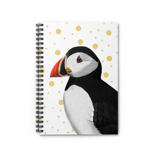 Puffin Bird Birdlover Spiral Notebook White Golden Dots Ruled Line 6"x8"