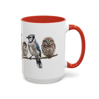 Blue Jay Cardinal Bluebird Little Owl Fledglings Two-Tone Mug | Spring Bird Lover Gift