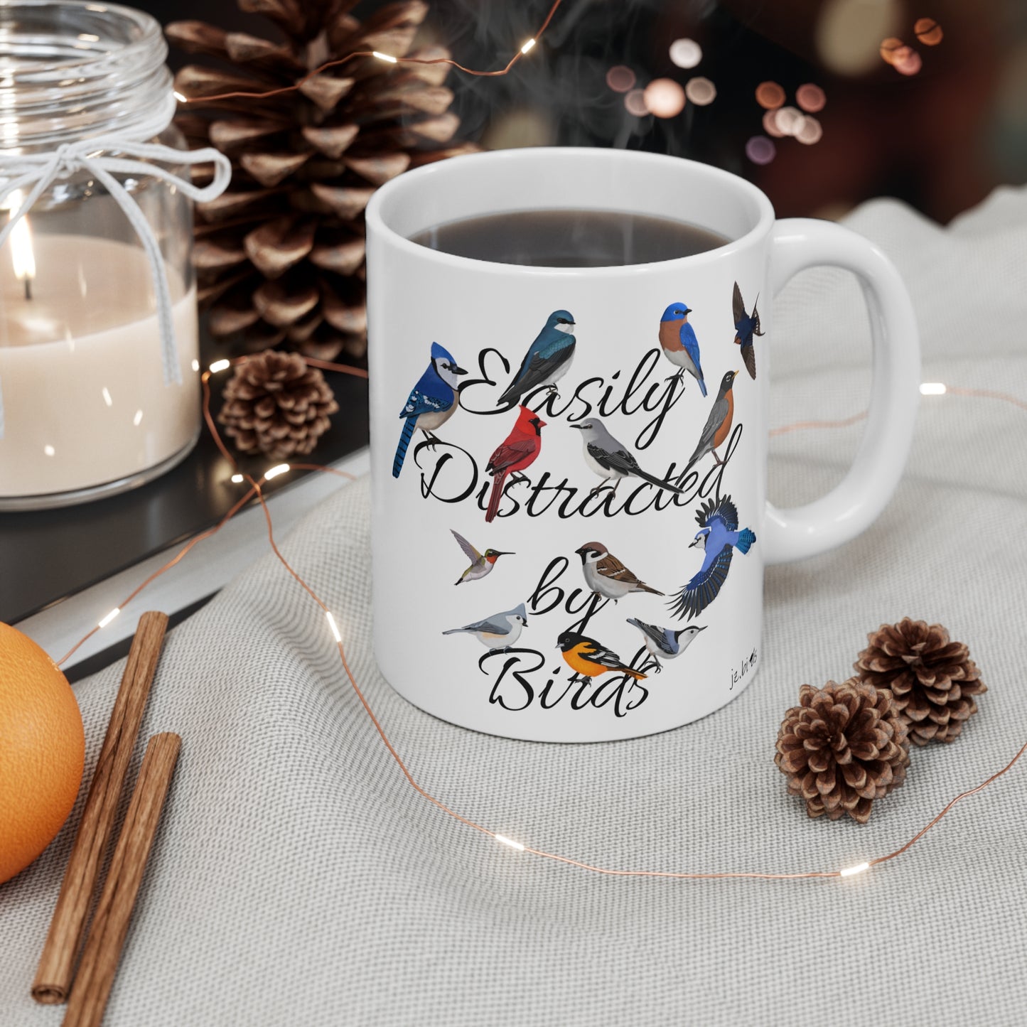 Easily Distracted by Birds Robin Blue Jay Cardinal Backyard Birds Ceramic Mug White