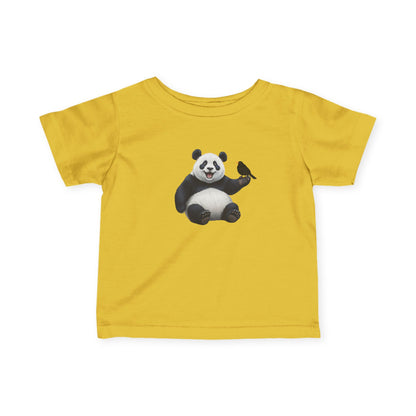 Fröhlicher Panda mit Amsel Vogel Tiermotiv T-Shirt für Babys und Kleinkinder