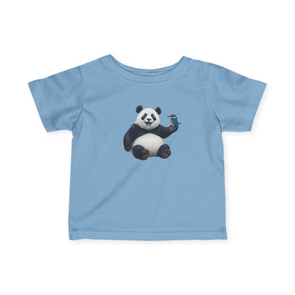Fröhlicher Panda mit Eisvogel Vogel Tiermotiv T-Shirt für Babys und Kleinkinder