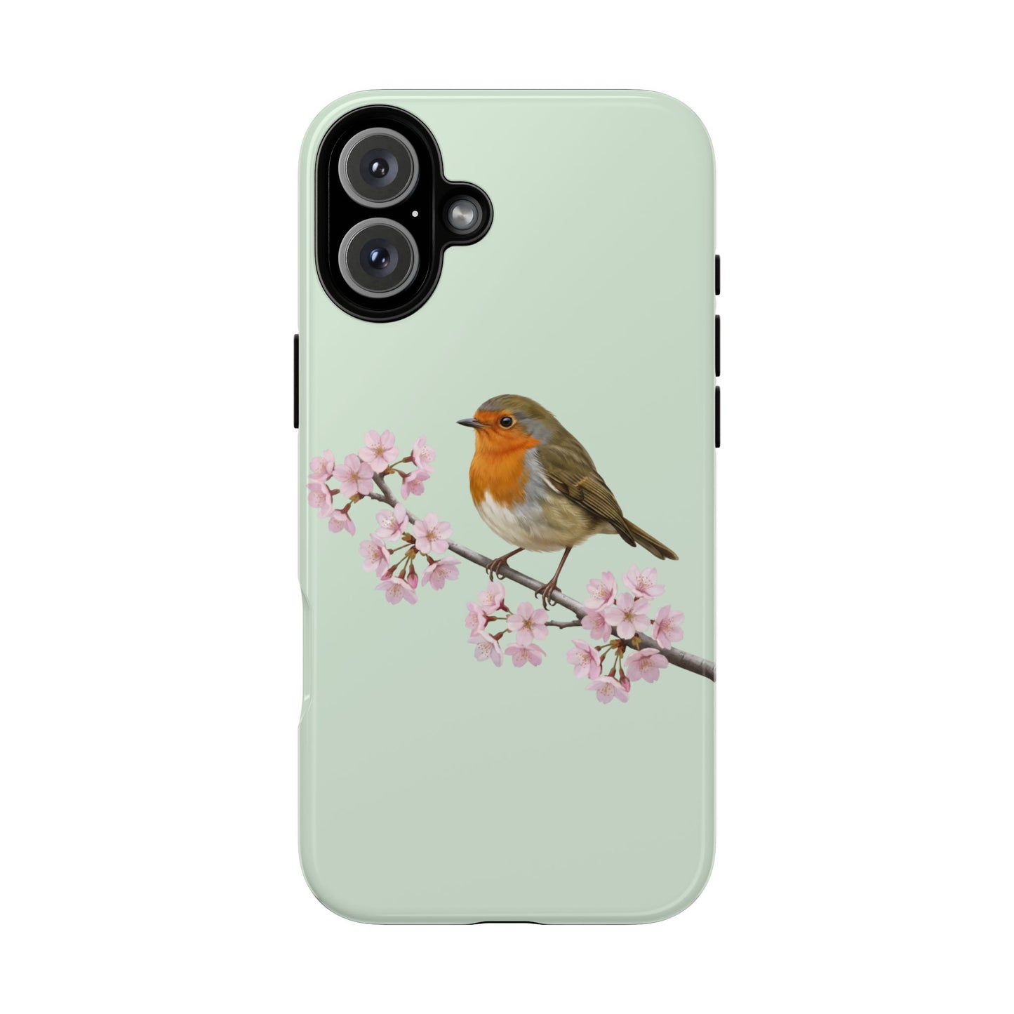 Rotkehlchen Handyhülle in Salbeigrün | Florales Kirschblüten Vogel-Motiv für iPhone & Google Pixel